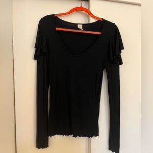 We The Free Womens Rewind Ribbed Top Size S Black Ruffle Long Sleeve Lettuce Hem